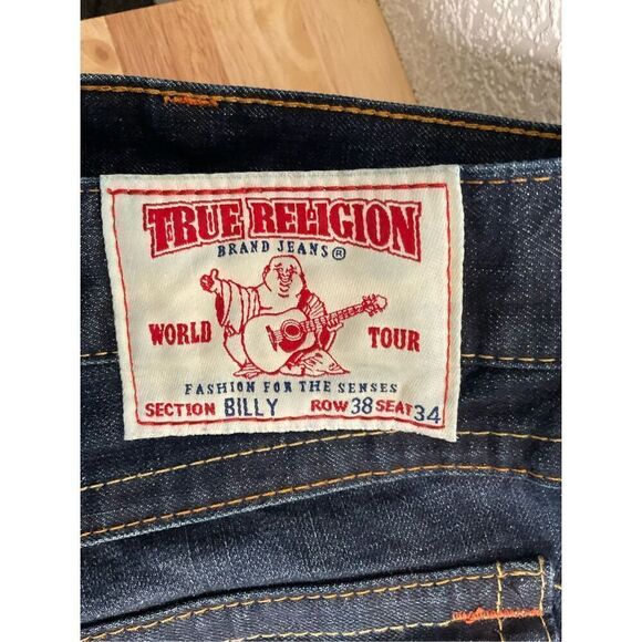 True Religion Billy  Seat 34 Jeans Size 38‎ Orange and Yellow Stitching EUC - Picture 6 of 13